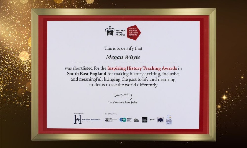 Framed Inspiring History Teaching Awards certificate for Mrs Whyte on a gold background with sparkles, celebrating her national shortlist recognition.